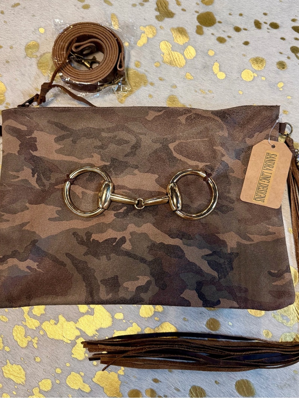 Genuine Leather Vintage Camo Crossbody w/Snaffle Bit Accent